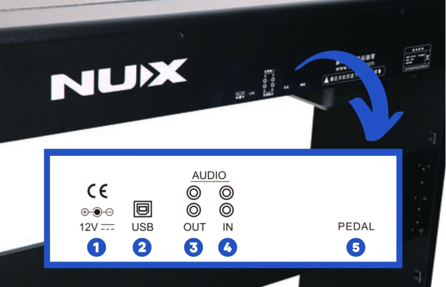 1 - Питание 2- USB Midi 3 - Аудио выход Jack 6,3 x 2 шт 4 - Аудио выход Jack 6,3 x 2 шт 5 - Подключение тройной педали